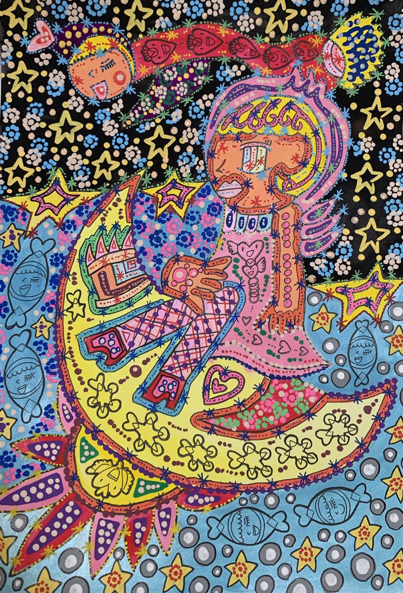 絵の制作中 絵が完成しました。 タイトル 幸せを送ってくれる天使