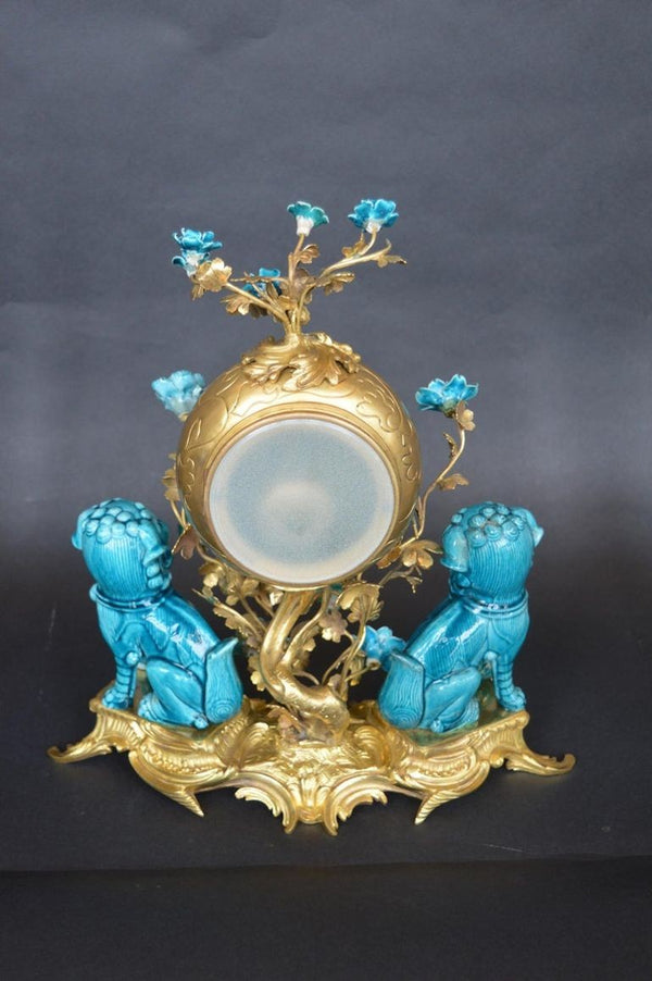 Rococo Chinosoiserie Style Three-Piece Gilt Bronze and Porcelain