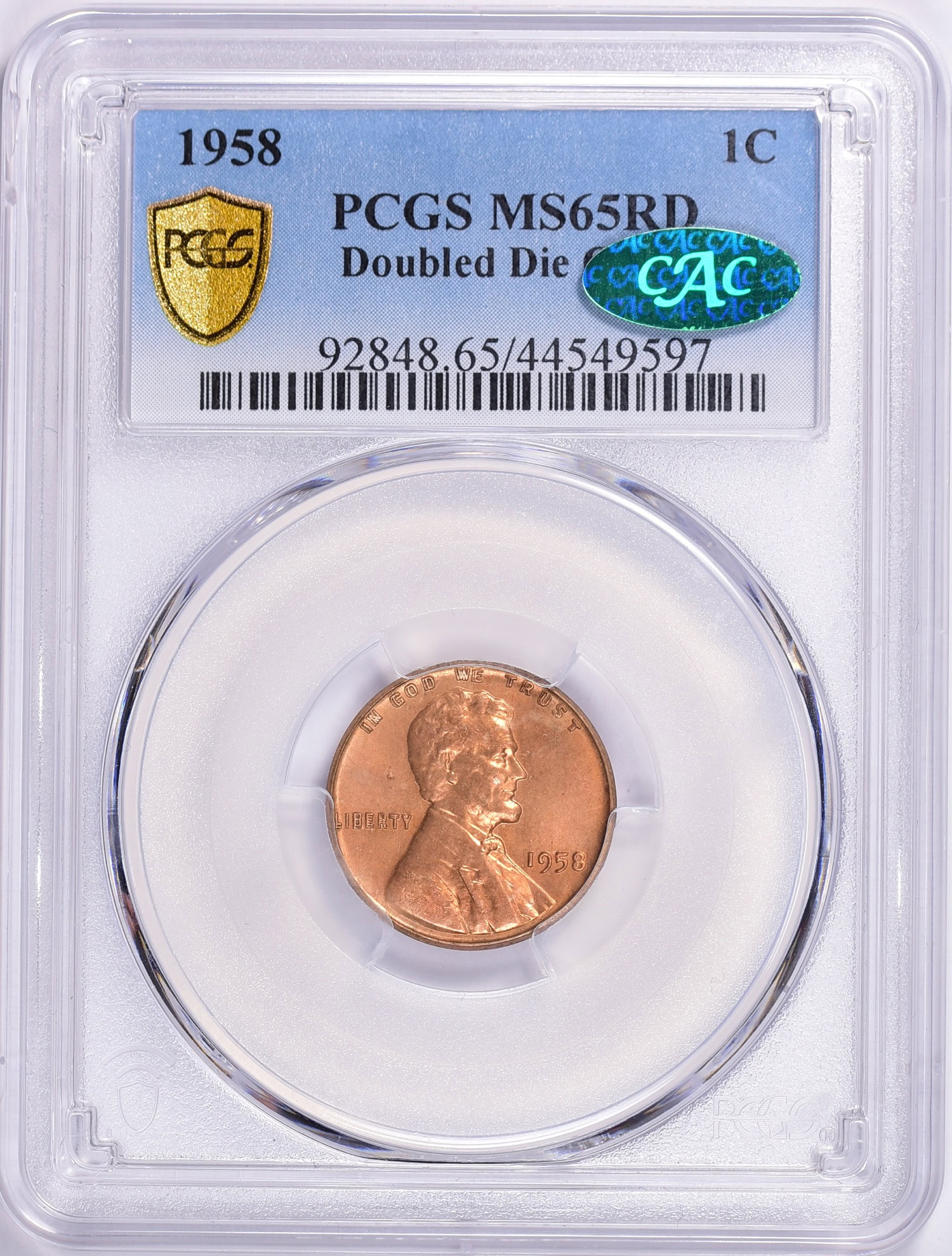 1958 Lincoln Cent Doubled Die Obverse PCGS MS-65 RD (CAC Green