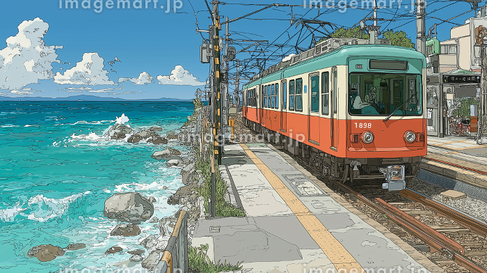 青く透き通る海と入道雲、鮮やかな青い電車がゆっくりと通過する夏の