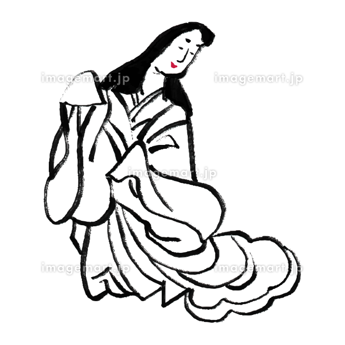 平安時代の貴族の女性・全身手描きイラスト 毛筆 筆絵 墨 シンプル