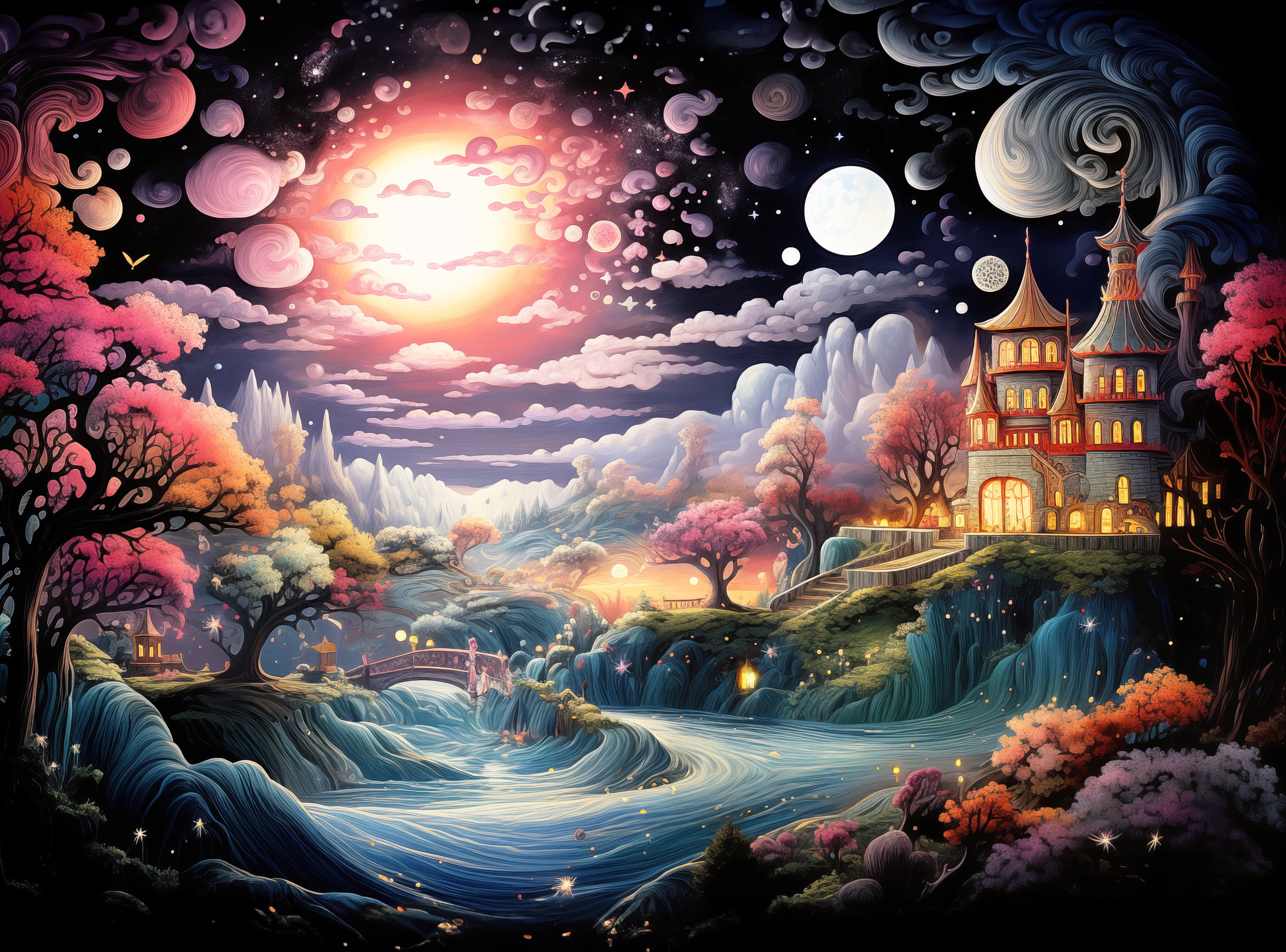 1000 Piece Jigsaw Puzzle for Adults - Colorful Magic River Mansion