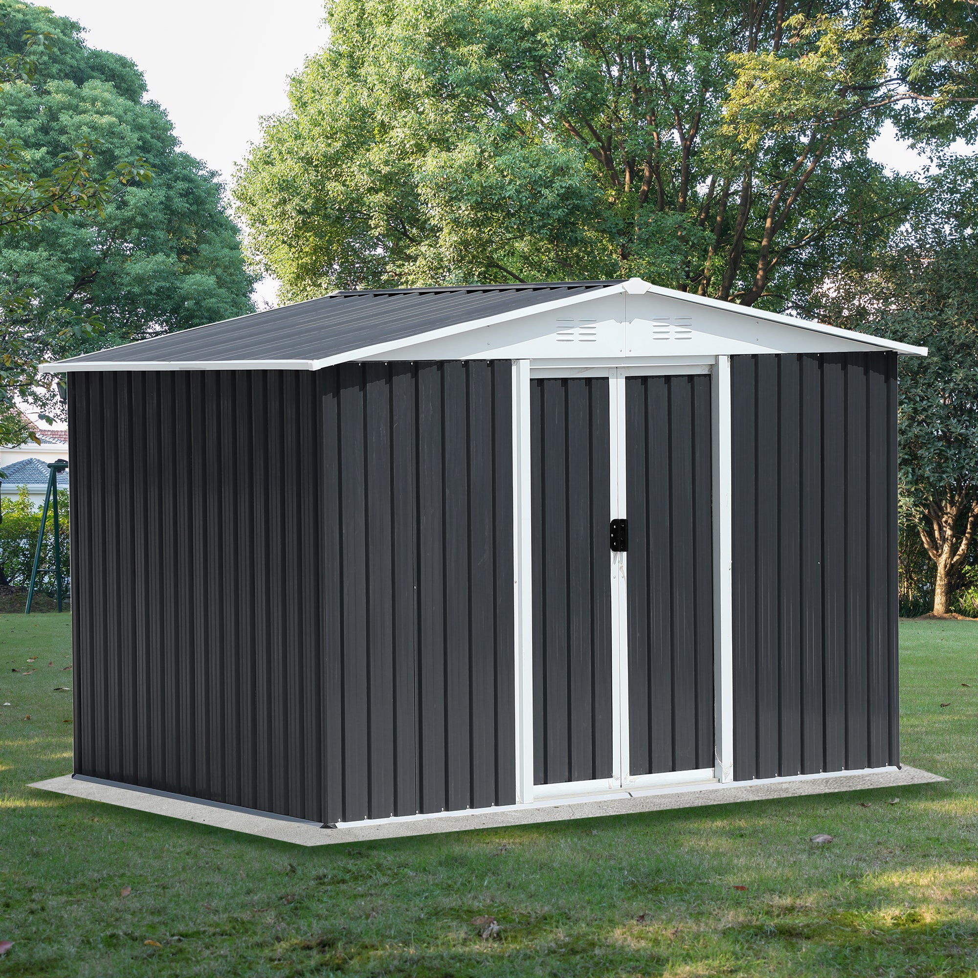 Outdoor Storage Garden Bike Shed 8X6 Feet Apex Roof Dark Grey With Alu