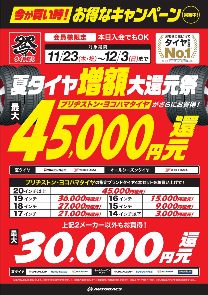 夏タイヤ増額大還元祭 | スーパーオートバックス大宮バイパス