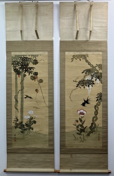 鈴木其一 肉筆 絹本 掛軸 識箱（識あり）時代 2重箱 Kiitsu Suzuki