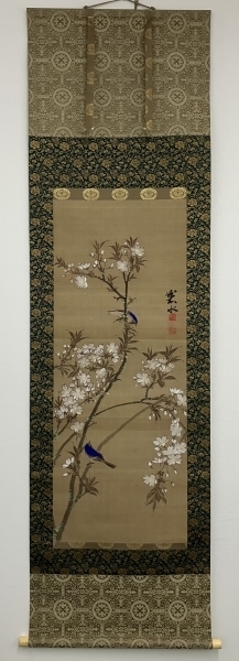 碧水 花鳥図 絹本 掛軸【浮世絵師：北尾重政】Ukiyoe Shigemasa Kitao
