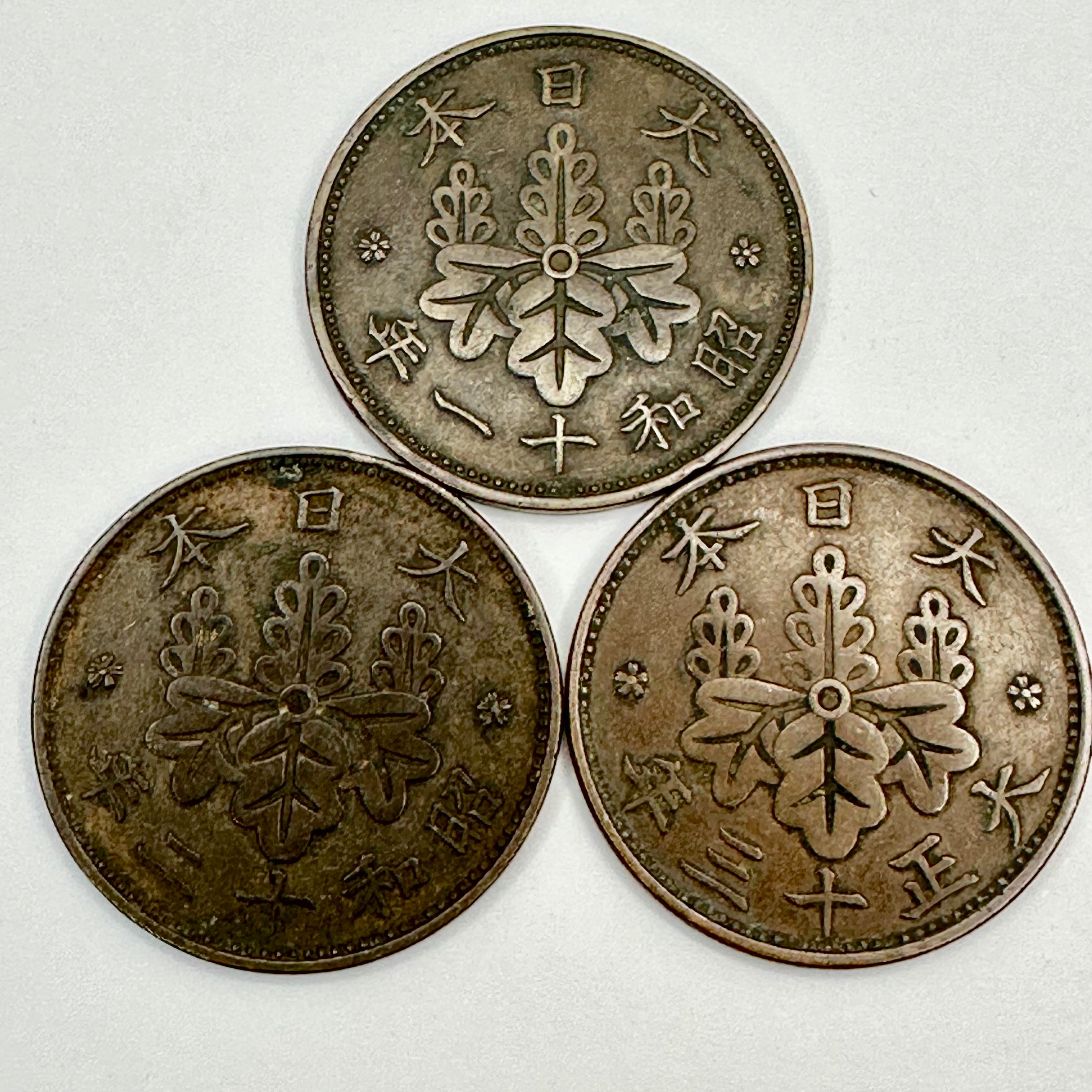 Japanese Bronze 1 Sen Coins 1922/23/24 Set 3 Paulownia Crest