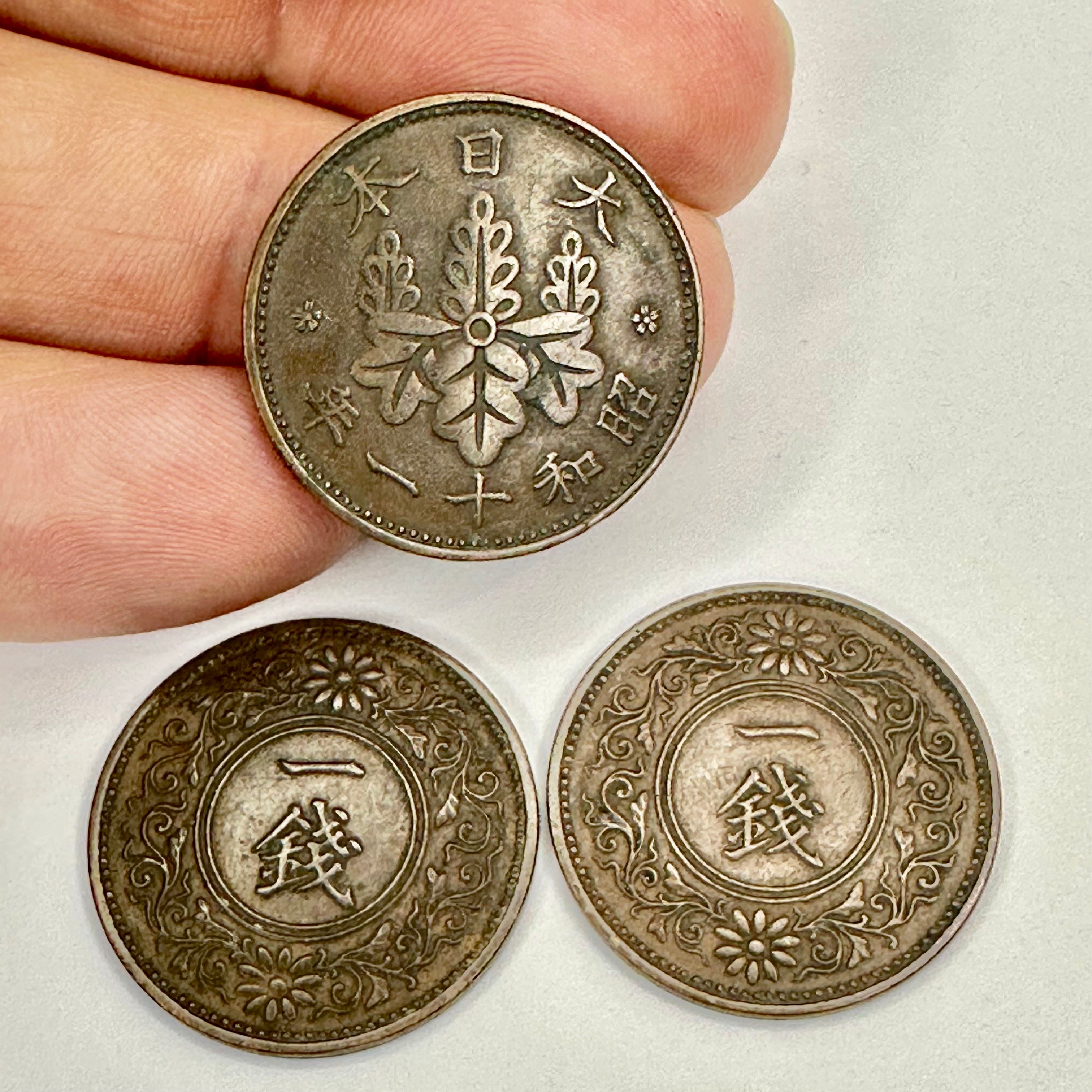 Japanese Bronze 1 Sen Coins 1922/23/24 Set 3 Paulownia Crest