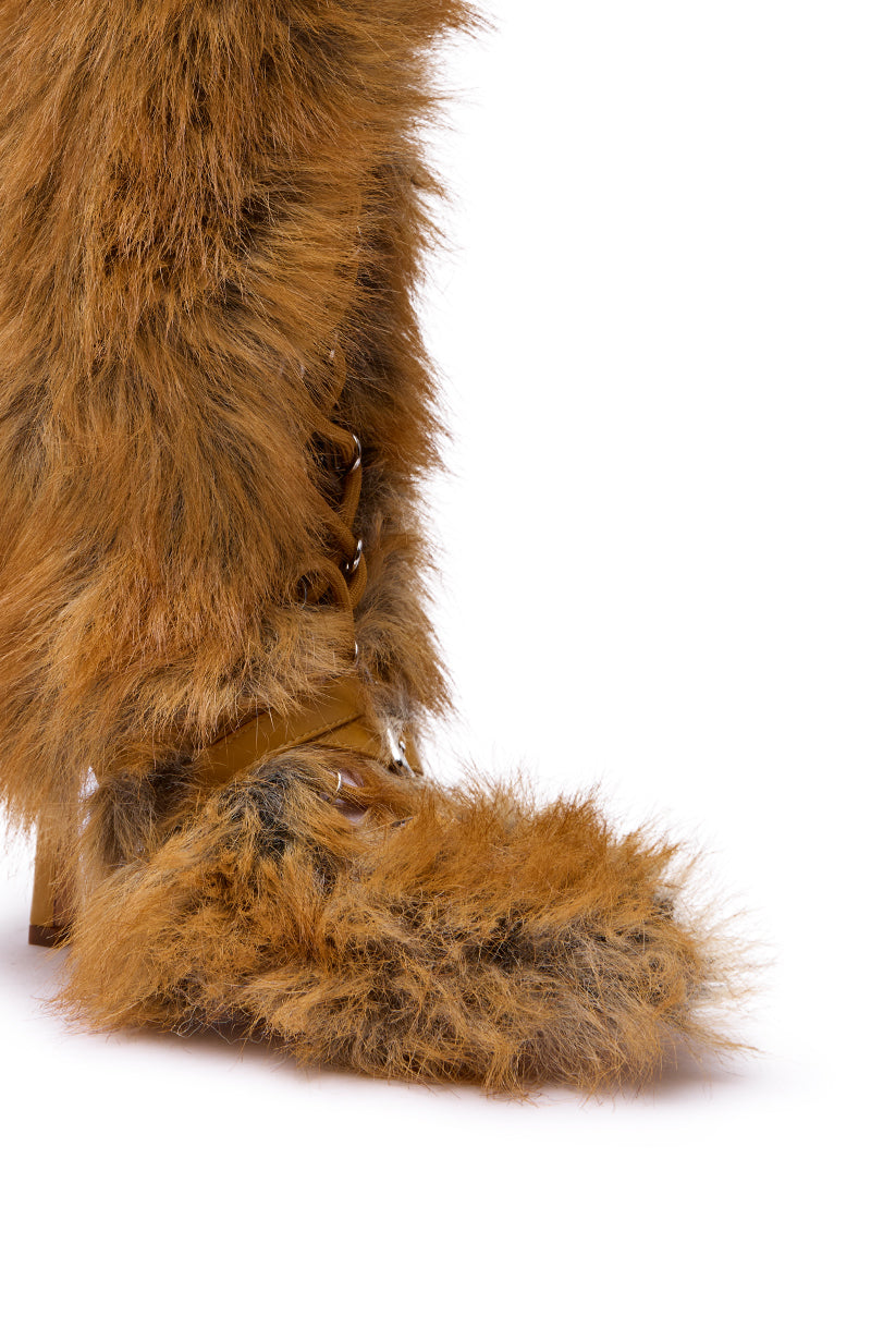 AZALEA WANG LOURDANNE TAN FUR LACE UP STILETTO BOOT – AKIRA