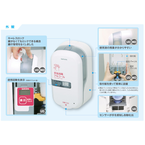 サラヤ｜ノータッチ式ディスペンサー UD-9600RA(トレー・据置台・啓発