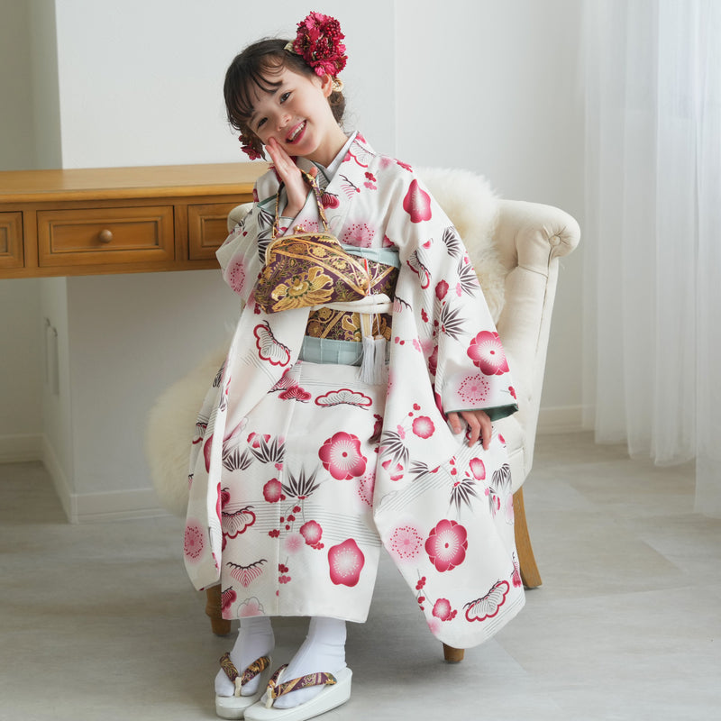 七五三着物 7歳 女の子 着物セット】販売品 四つ身 元禄梅模様 白