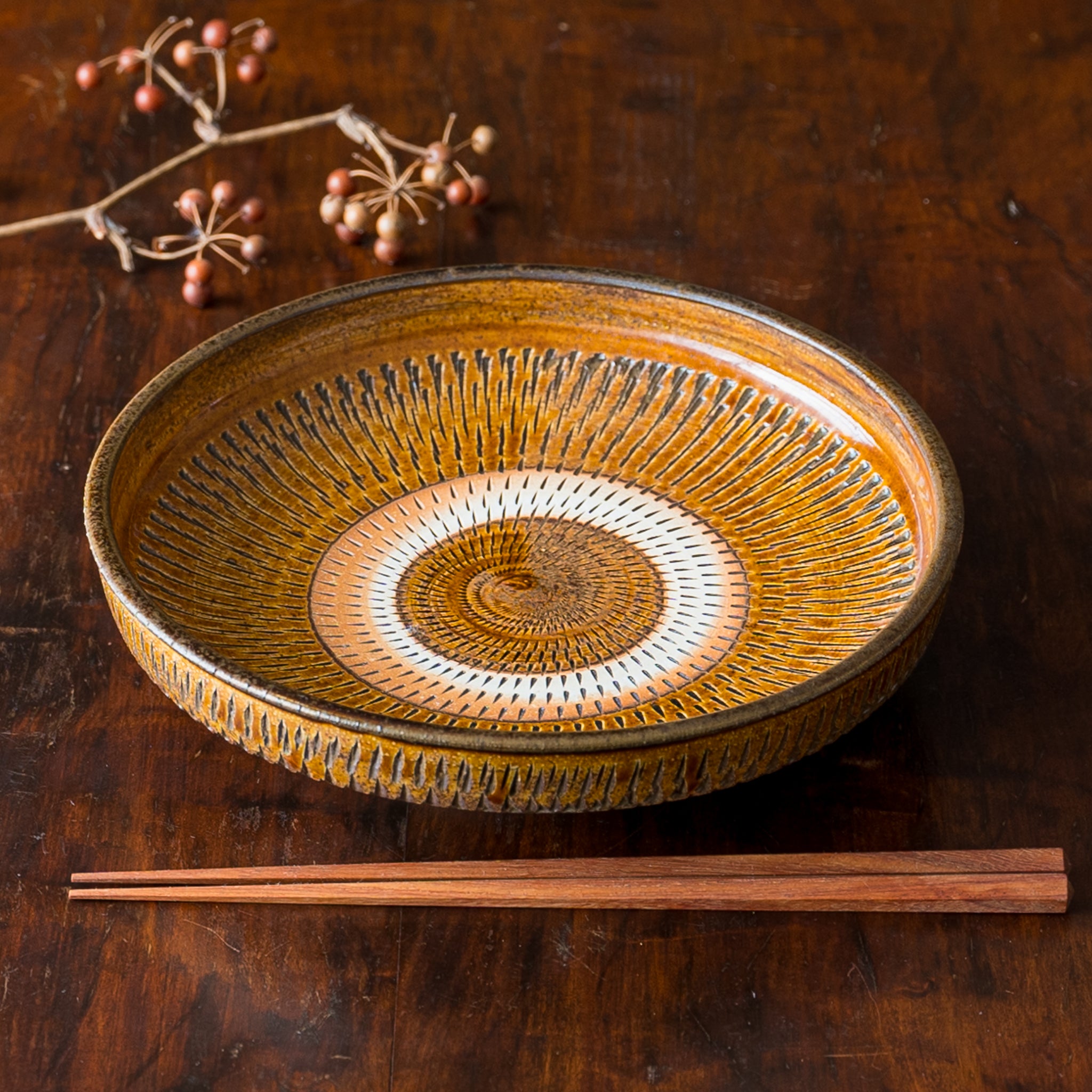 小鹿田焼 坂本庸一窯 7寸菓子鉢 切立 飛び鉋 飴色｜和食器通販 四季折