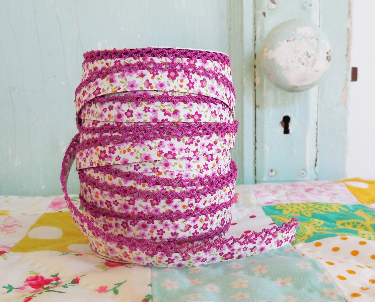 LACE BIAS TAPE, PURPLE VIOLET FLORAL Double Fold Crochet Edge (by