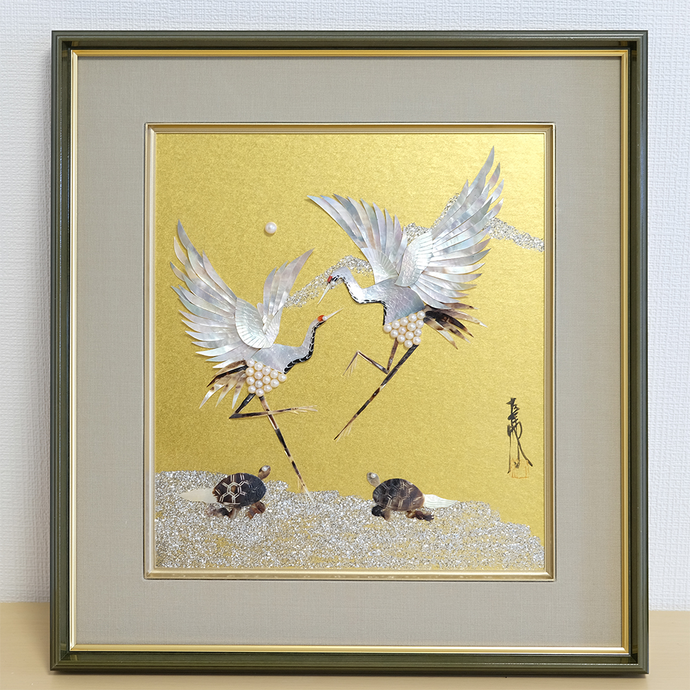 鶴二羽亀二匹 -色紙 | 境工芸社 -貝工芸品
