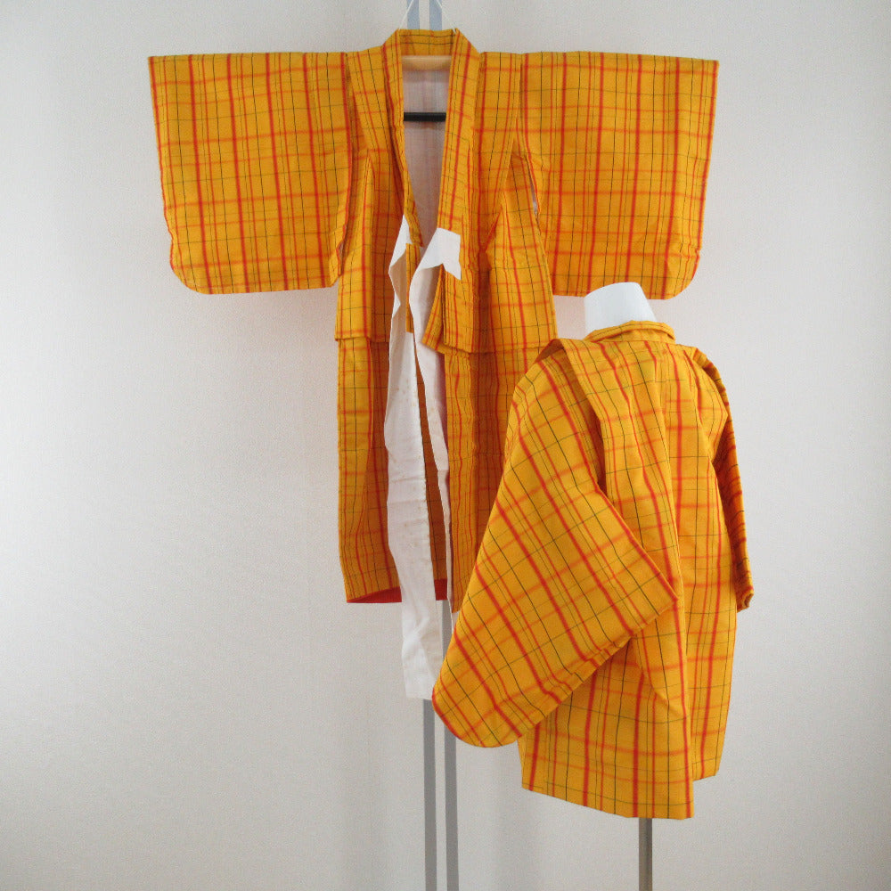 子供着物 絹 紬 格子模様 黄色x赤色 女児用 アンサンブル【中古