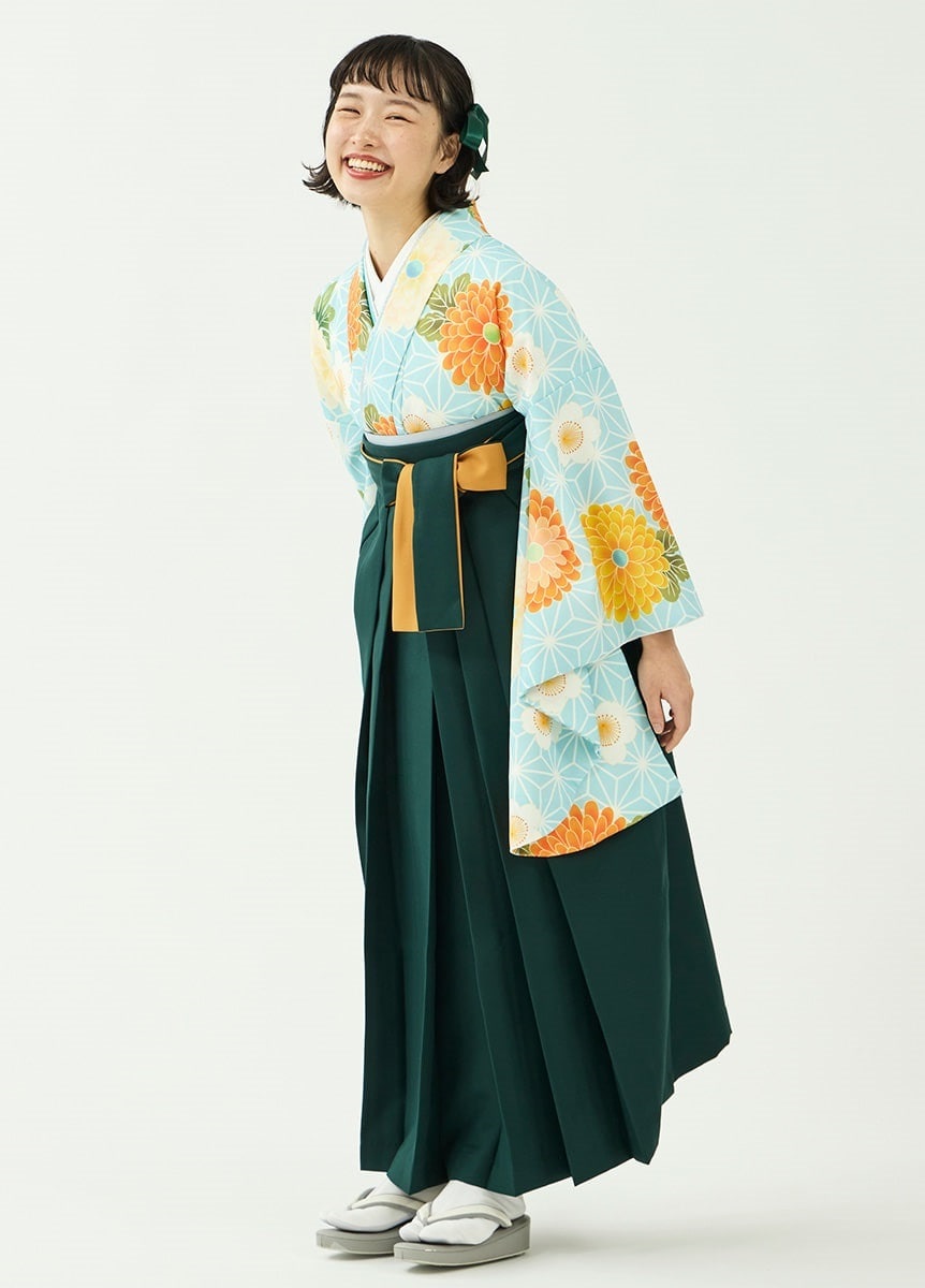 袴レンタルセット「花笑み」麻の葉菊・水色＆無地袴・緑（ご予約受注品