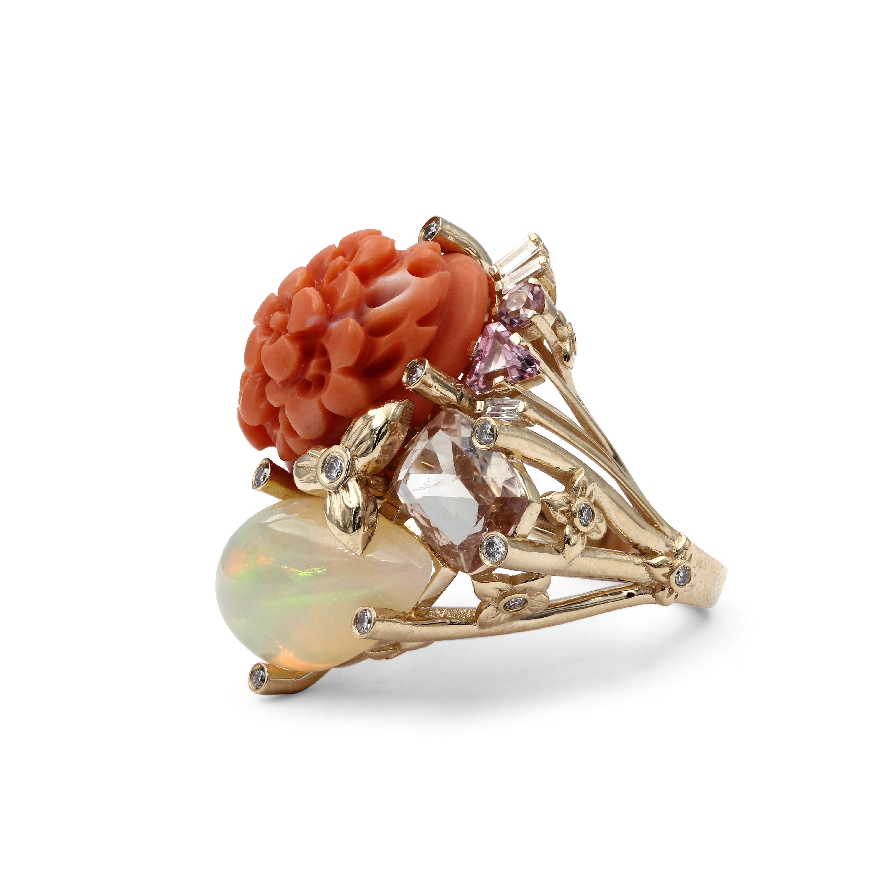 Luxury Hand Carved Coral 14.5ct Ethiopian Opal 5.1ct Morganite 1.5