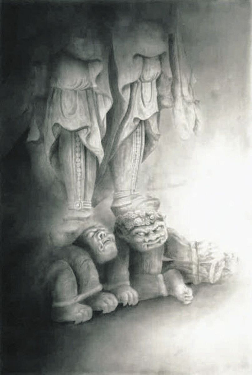 日本南画院理事 金沢徹 『世界文化遺産 国宝 法隆寺』 額装 日本南画院