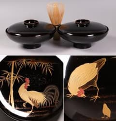 CM352】時代蒔絵椀 竹に鶏金蒔絵 平椀二客 木製 /(検) 輪島塗加賀能登
