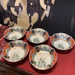古伊万里 金彩色絵 絵皿 白鷺瓢箪 福紋 5客 江戸 李朝・大聖寺・九谷焼