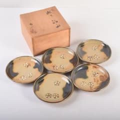 和食器 竹里庵 葵窯 加藤春二作 織部 花文 銘々皿 五客 共箱 C 8322