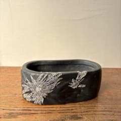 菊花石 鑑賞石 くり抜き 花器 水盤 いけばな 黒 茶花 レア 骨董 珍品