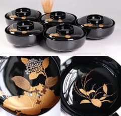 MB190】天然木漆塗 紫陽花と葵 金蒔絵 螺鈿入 黒塗 煮物椀 五客 昭和期