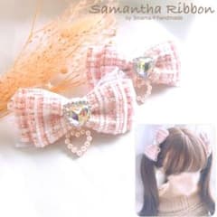 ❤︎ピンクツイードのダブルリボン❤︎量産型 ヘアクリップ ヘアゴム