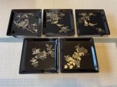 5点セット 脚付膳 お膳台 漆塗り 金 蒔絵 鳥 鷹 鶯 花 紅葉 もみじ