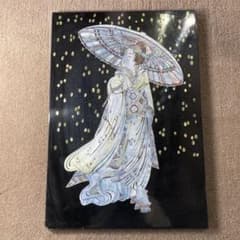 希少 螺鈿 傘をさした女性 美人画 浮世絵 天然木 漆器 古画