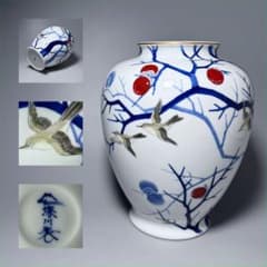 オールド深川製磁 錦手 柿鳥図花瓶 高さ24cm オブジェ インテリア