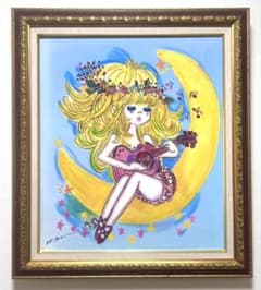 F10】水森亜土（月に可愛い女の子）肉筆品/表裏サイン有り/手描き/油絵