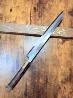 森本光一作 左用 刺身 切付 青鋼 紋鍛錬 尺 ウェンジ白水牛八角柄