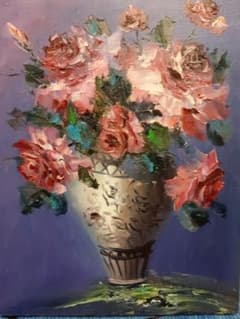バラ 薔薇 花束 油彩画 金色フレーム 油絵 作者不明 花瓶 - メルカリ