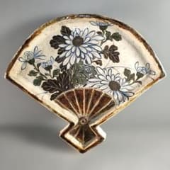 A1348-5/尾形乾山/扇形花画大皿/飾大皿/尺皿/絵皿/盛皿/床飾/額皿