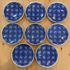 A2G30□オールド香蘭社 染付格子菊牡丹絵 丸皿8枚 取り皿 銘々皿