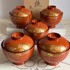会津塗 金彩蒔絵扇紋 蓋付きお吸物椀 雑煮椀 お椀 5客セット 漆器 汁椀