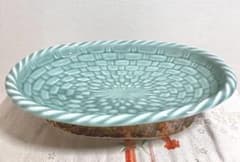 希少品 鍋島焼 青山窯 青山作 青磁 陶皿 大皿 高台 盛鉢 編みカゴ形