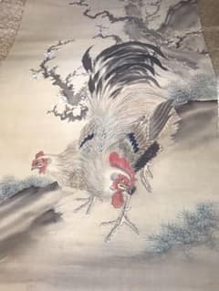 掛け軸、梅と鶏の掛け軸、雄雌の鶏と梅、桜、大きな掛け軸