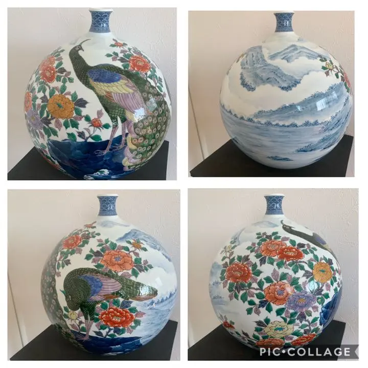 玄輝陶房有田焼 名匠村上玄輝作孔雀絵花瓶壷オブジェ