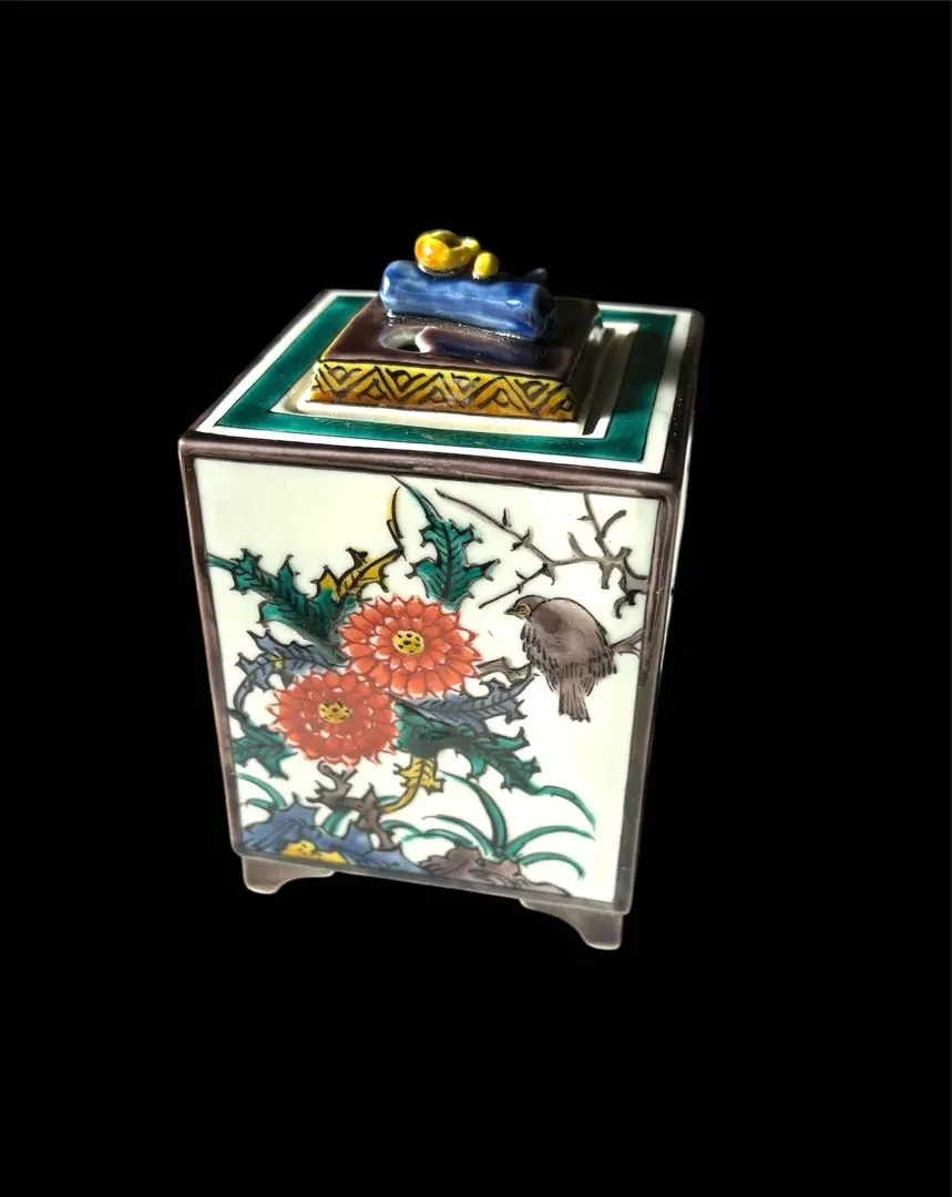 九谷焼金襴手角香炉四方香炉 山岸政明共箱石川県無形文化財