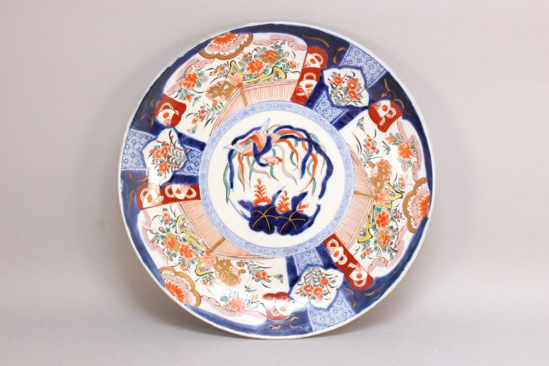 No4436 古伊万里 染錦大皿2点 赤絵 金襴手 鳳凰 花鳥 古美術 送料無料