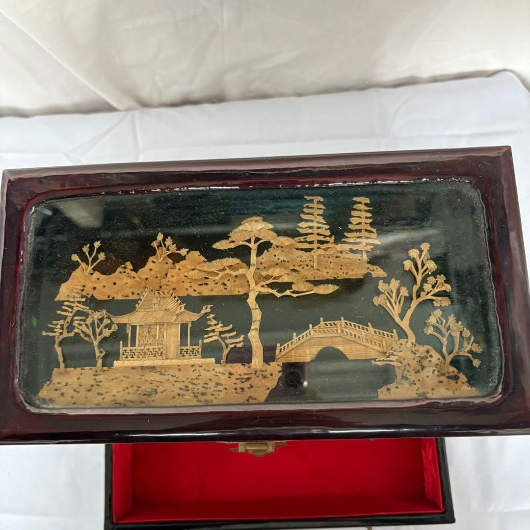 中国伝統工芸品 コルク細工 楼閣山水図 ジュエリーボックス 多段構造