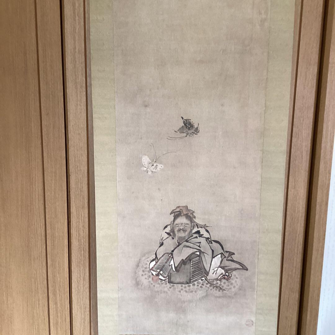 英 一蝶 淡彩画 《 蝶に唐人図 掛軸一幅 》肉筆 鹿角 落款在 模写 237