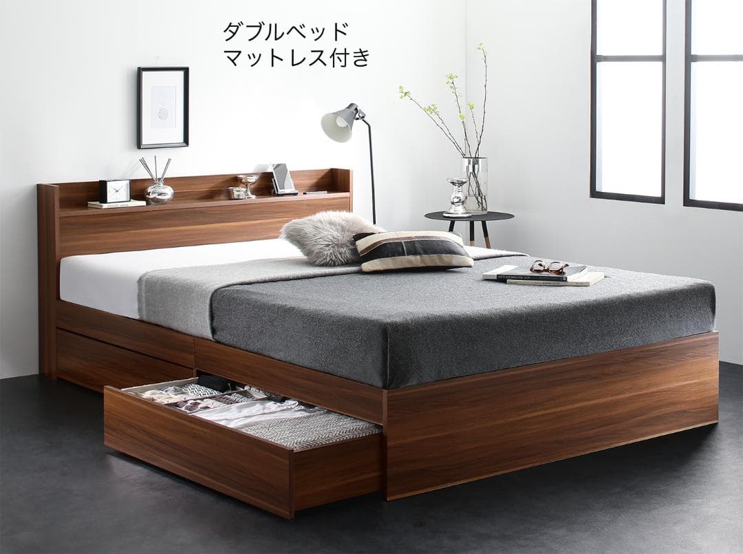 セール！新品 送料込 ダブルベッド 収納 棚 2口コンセント マットレス付 AB ベッド ベッドフレーム ダブル 収納付きベッド ローベッド 収納 2口