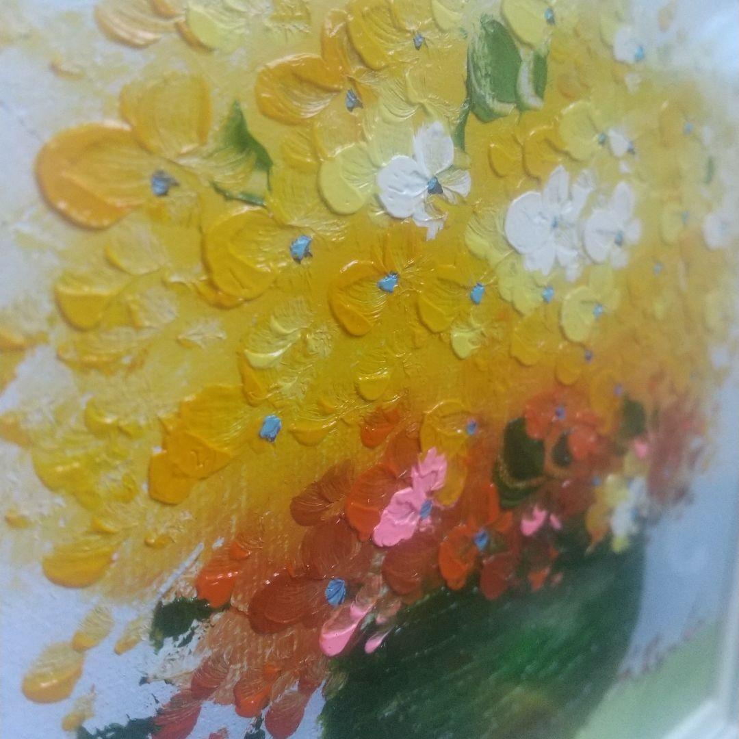 真作 韓国女流画家 申龍子 S.RYUKO 油彩画 龍の黄い花 直筆肉筆サイン