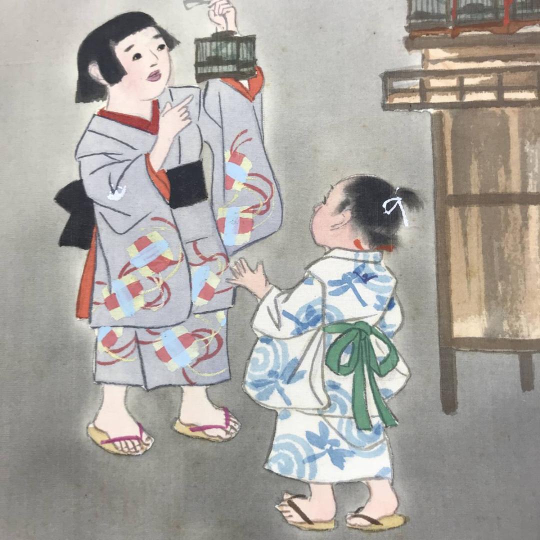 真作】英挙/むしうり図/虫売り図/美人図/横物/掛軸/名家伝来/AD-197