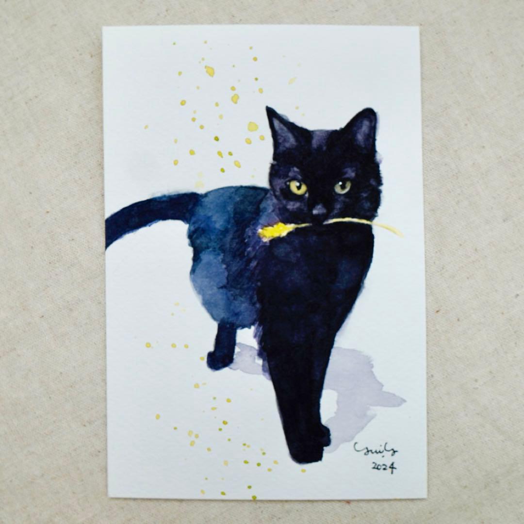 猫の絵204 水彩画 原画 黒猫 - メルカリ