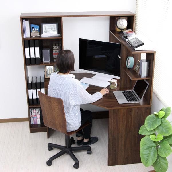 《新品送料無料》パソコンデスク コーナー ハイタイプ 書棚付き ブラウン 北欧風