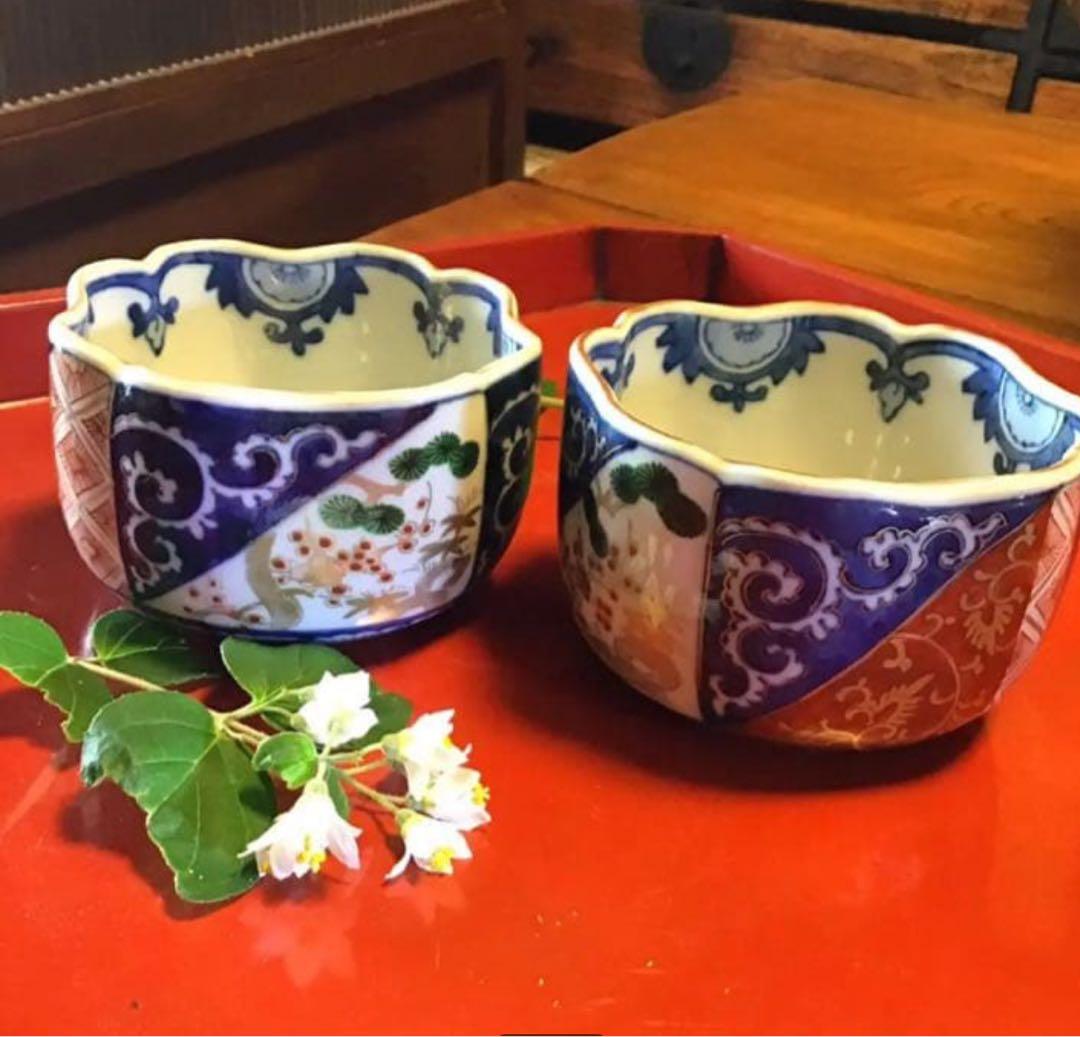 A1058古伊万里 最上手 染錦手 逆蛸唐草 松竹梅 波縁形鉢
